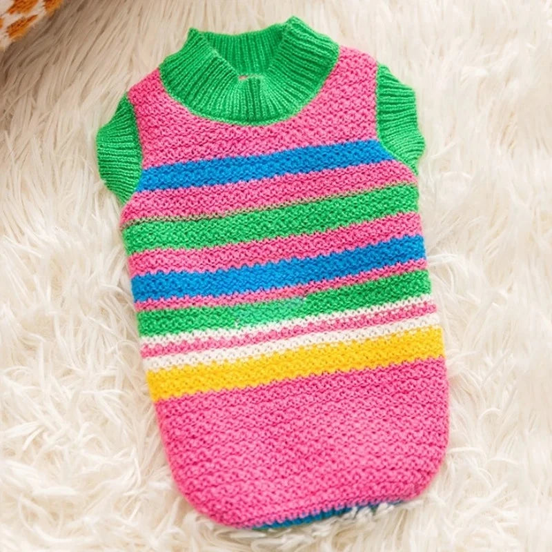 Winter Pet Knitted Sweater: Cute Striped Bear Print Turtleneck for Dogs & Cats