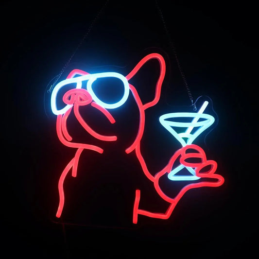 Bulldog Cocktail Neon Sign Dimmable LED Neon Light Sign for Wall Decor Room Party Club Bar Game Room Decor Birthday Art Gift