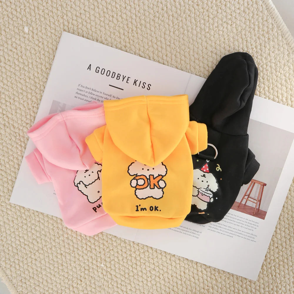 Milk Silk Flannel Dog Hoodie with Cute Print & Drawstring, Autumn Winter Cat Pet Clothes