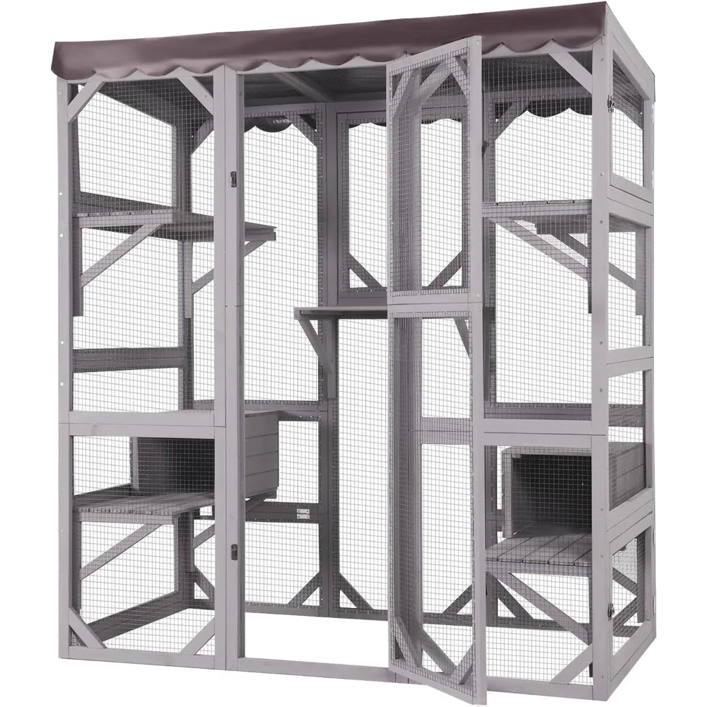 Large Catio Outdoor Cat Enclosure with Condos, Wood Catio Walk in Cat House, Kitty Shelter Indoor with Waterproof Roof