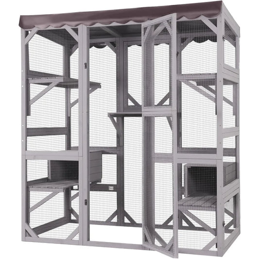 Large Catio Outdoor Cat Enclosure with Condos, Wood Catio Walk in Cat House, Kitty Shelter Indoor with Waterproof Roof