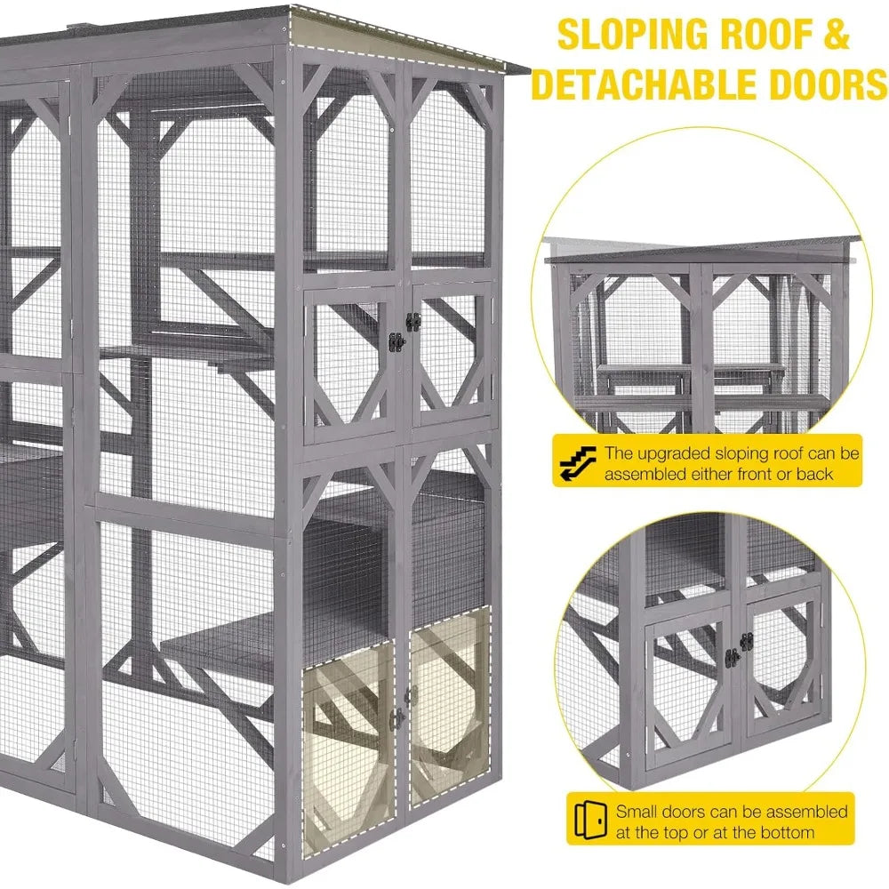 Cat House Outdoor Catio Kitty Enclosure with Super Large Enter Door, Wooden Cat Cage Condo Indoor Playpen with Platform