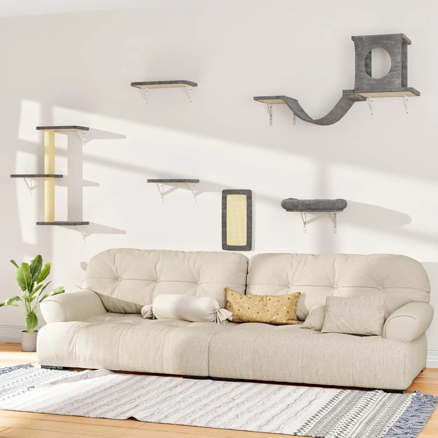 6-Piece Wall-Mounted Cat Furniture Set with Condo, Bridge, Steps, Scratcher, and Hammock for Indoor Play