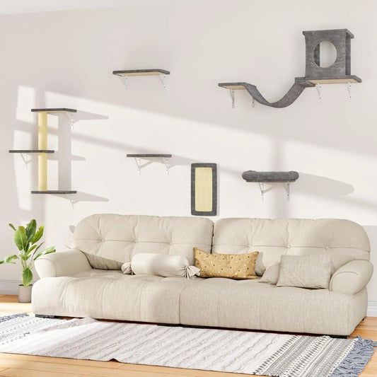 6-Piece Wall-Mounted Cat Furniture Set with Condo, Bridge, Steps, Scratcher, and Hammock for Indoor Play