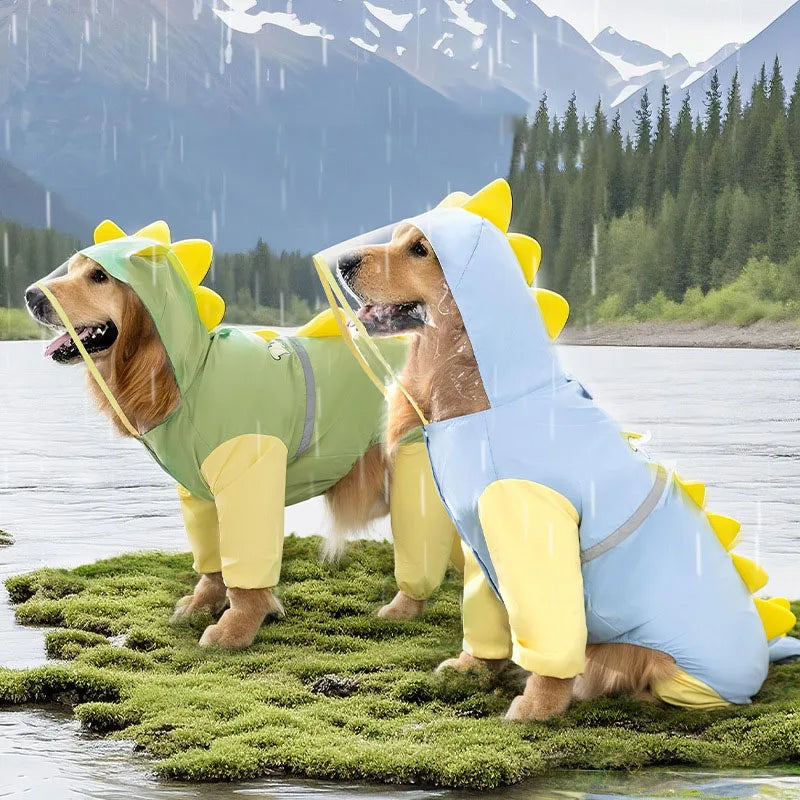 Large Dog Dinosaur Raincoat Golden Retriever Four Legged Waterproof Clothes Pet Summer All Inclusive With Tail Stereo Rain Ponch