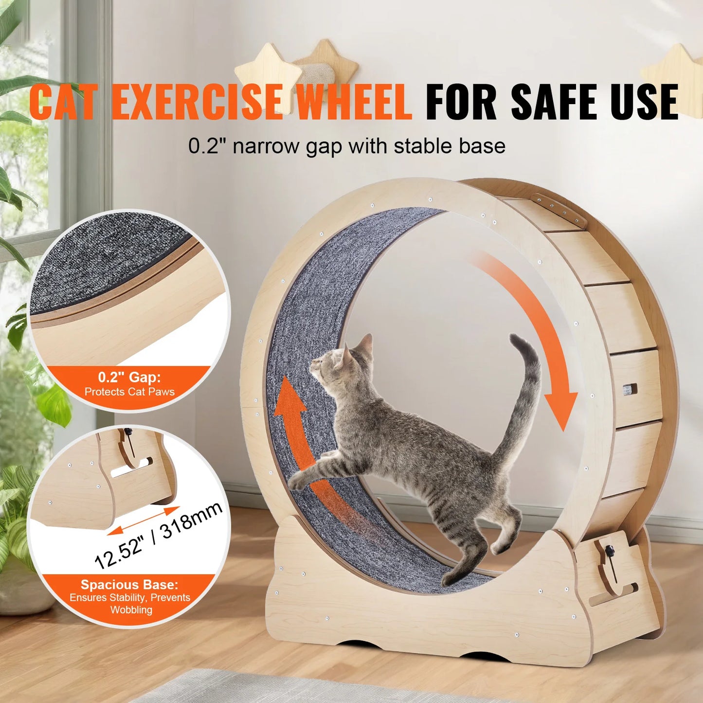Wooden Cat Exercise Wheel Large Cat Treadmill Wheel for Indoor Cat Running Wheel With Detachable Carpet& Cat Teaser