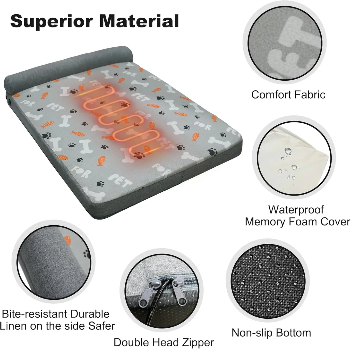 Electric Heated Orthopedic Dog Bed with Memory Foam, Waterproof Cover for Medium Large Dogs, 35x26.5 Inches