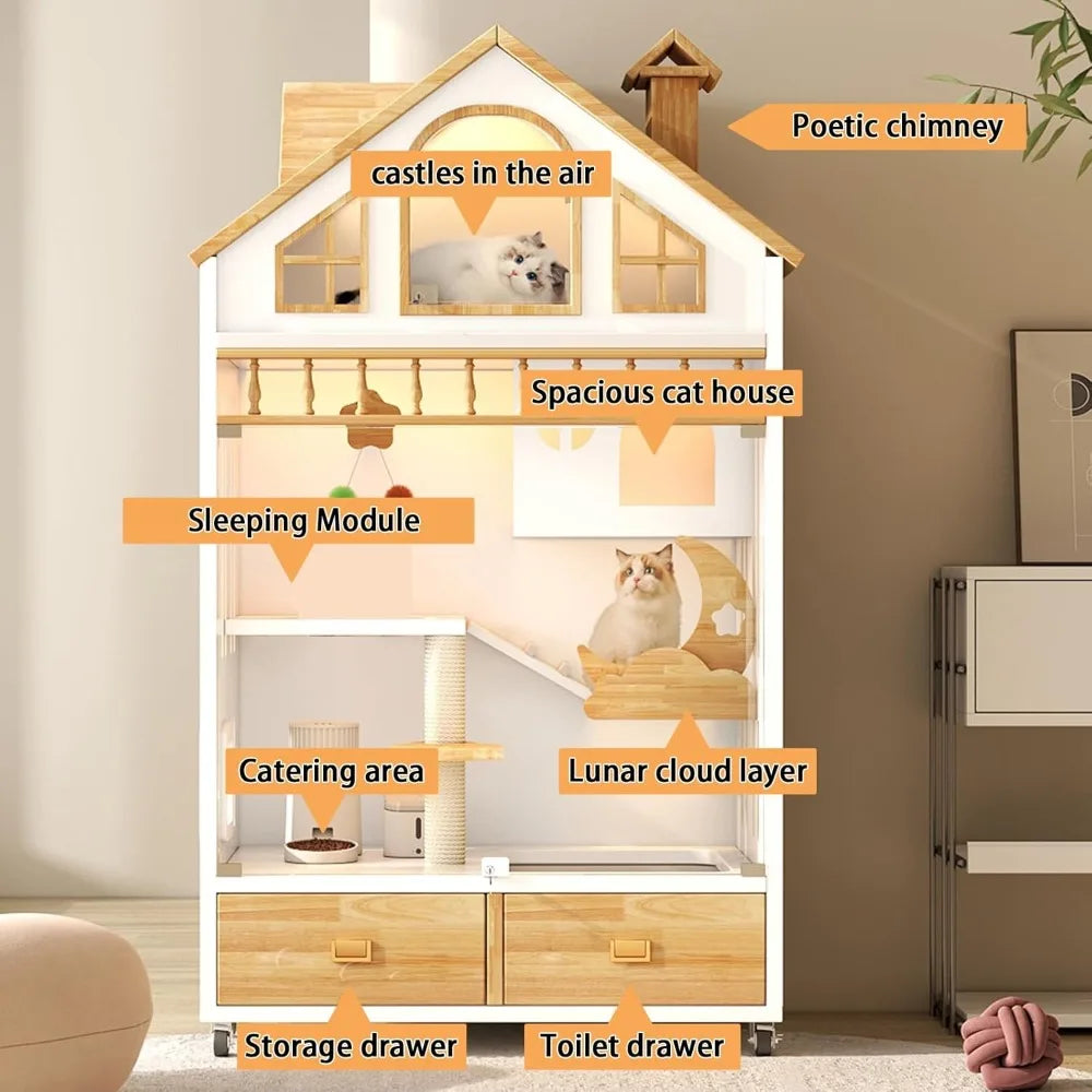 Enclosed Cat Condo, Large Wooden Cats House Indoor Cage Cat Enclosure on Wheels, Multi-Feature Enclosed Condo with Litter Box