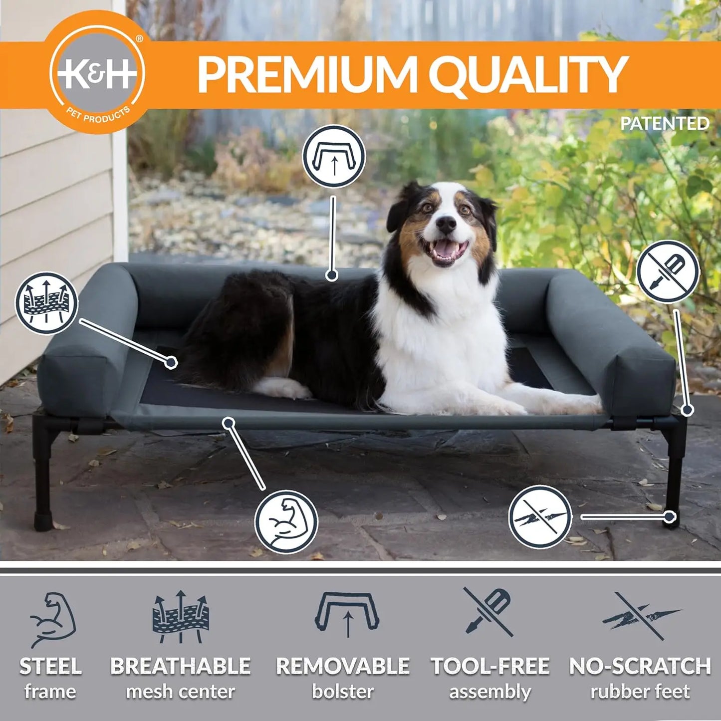 Large Elevated Dog Cot with Cooling Mesh, Removable Washable Cover, Sturdy Metal Frame for Indoor Outdoor Use