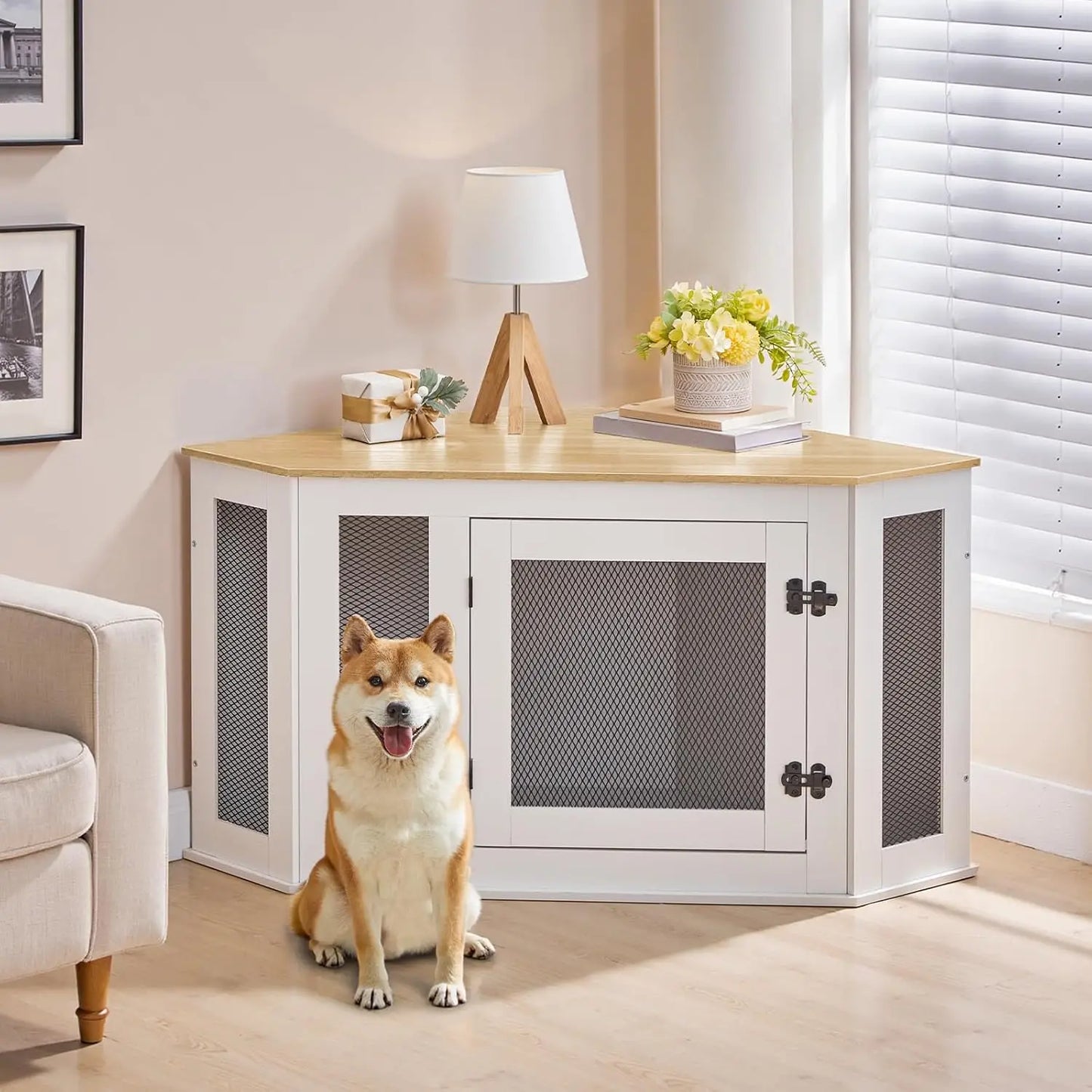 Corner Dog Crate Furniture, Wooden Kennel End Table for Small Medium Dogs, Decorative Pet Cage Indoor Use, White and Natural