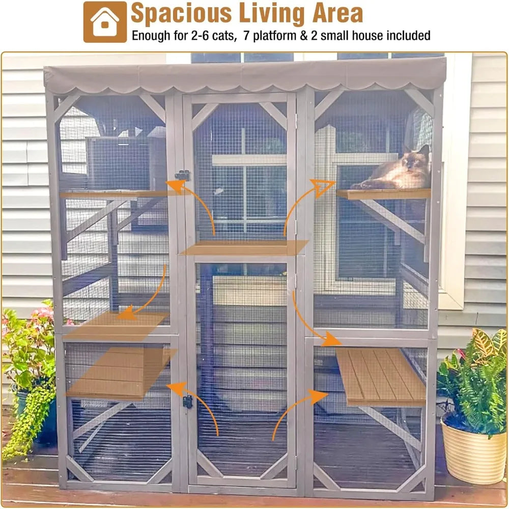 Large Catio Outdoor Cat Enclosure with Condos, Wood Catio Walk in Cat House, Kitty Shelter Indoor with Waterproof Roof