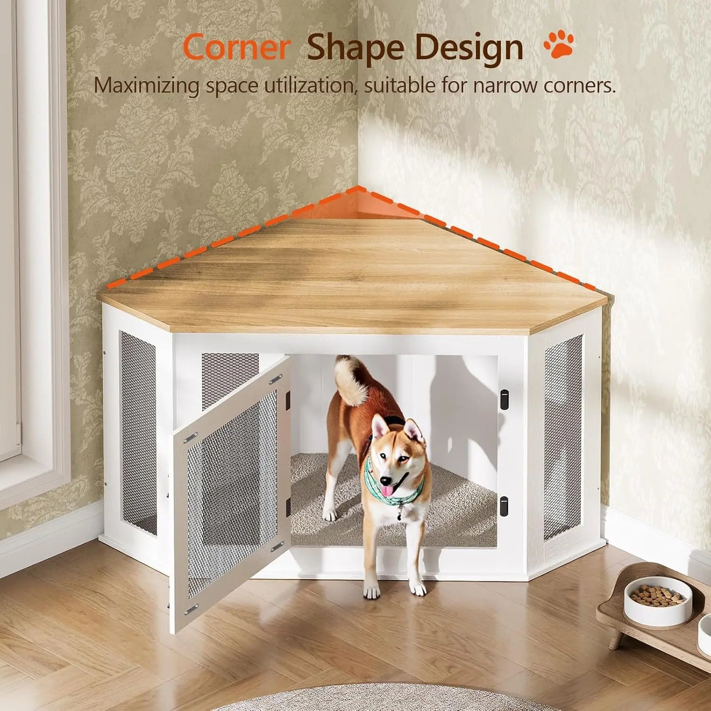 Corner Dog Crate Furniture, Wooden Kennel End Table for Small Medium Dogs, Decorative Pet Cage Indoor Use, White and Natural