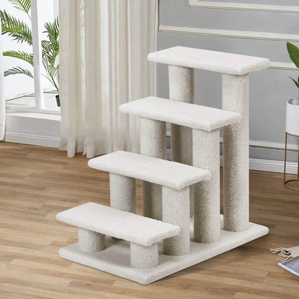 Pet Stairs For Cats And Dogs, 4-Step Carpeted Ladder Ramp Cat Climber Cat Scratching Post, Multi-Step Dog Stairs For Hi