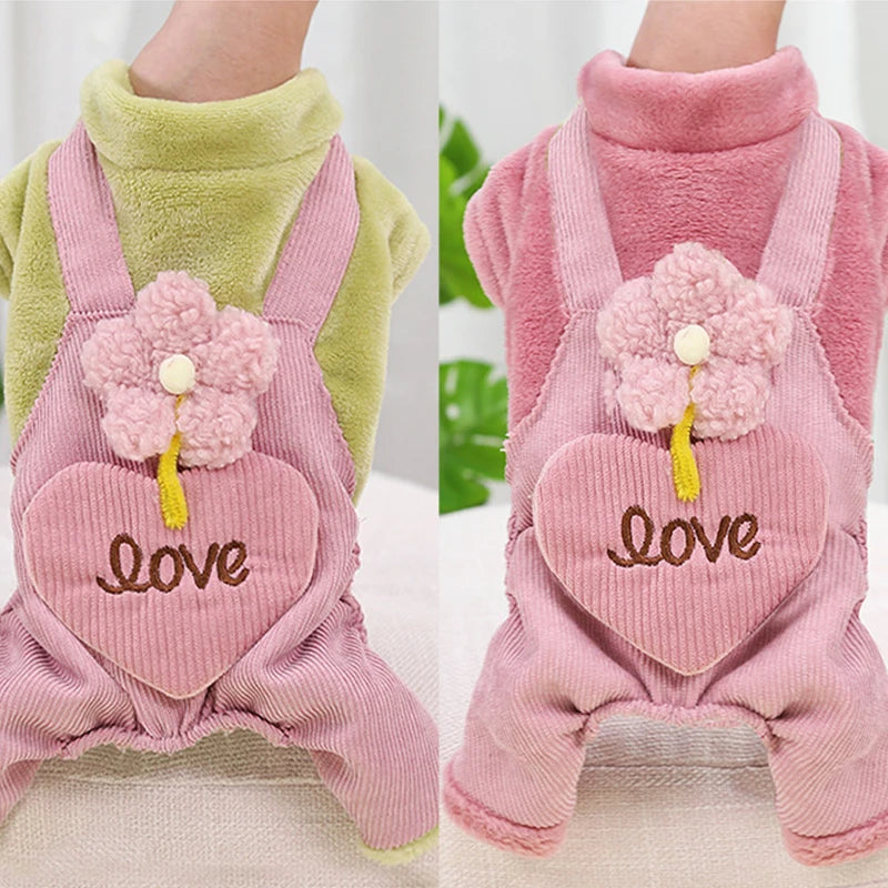 Fleece Dog Jumpsuit Flower Print Sweatshirt Chihuahua Bichon Warm Clothing for Small Dog Four Legs Outfit Winter Pet Costume