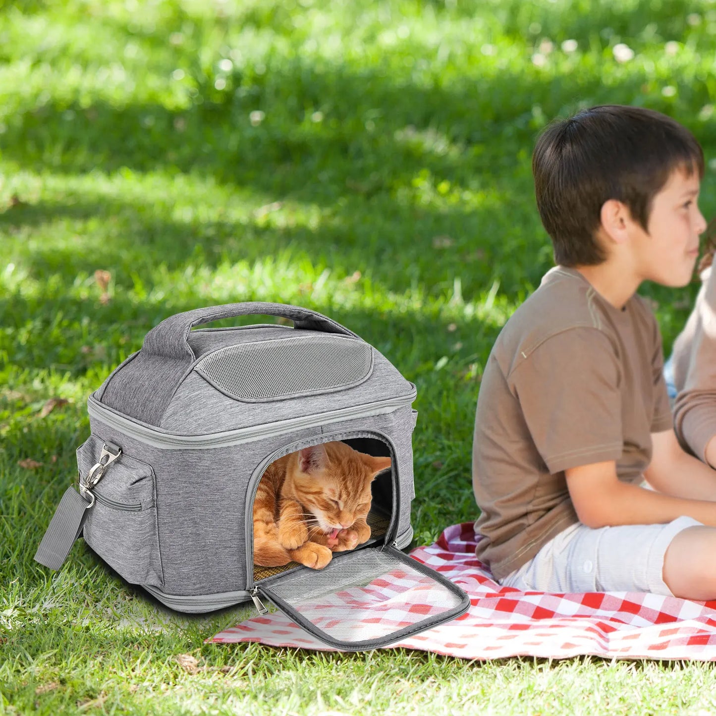 Light Gray Pet Backpack Breathable Portable Foldable Tote Bag Approved by Travel Airlines, For Dogs and Cats to Go Out