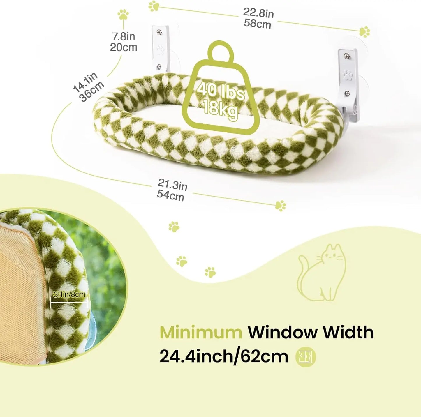 Mewoofun Foldable Cat Window Perch with 4 Strong Suction Cups Cordless Cat Window Hammock Removable Soft Cover White Brown Green
